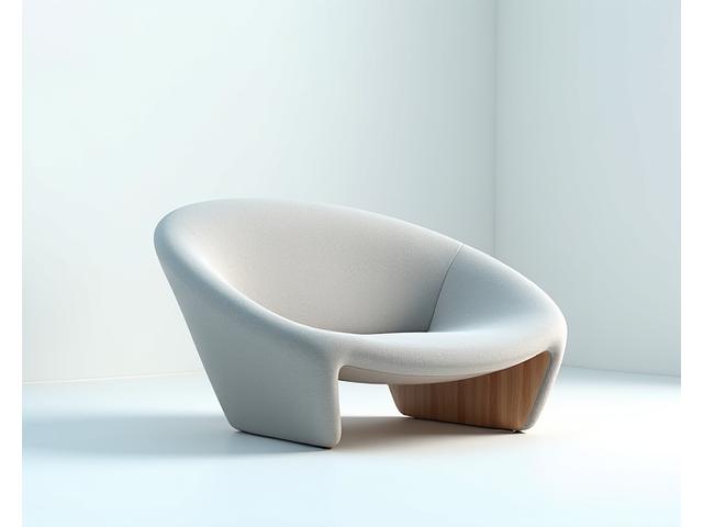 A sleek, modern chair or product rendered in 3D, with VR controls overlay, emphasizing product design.