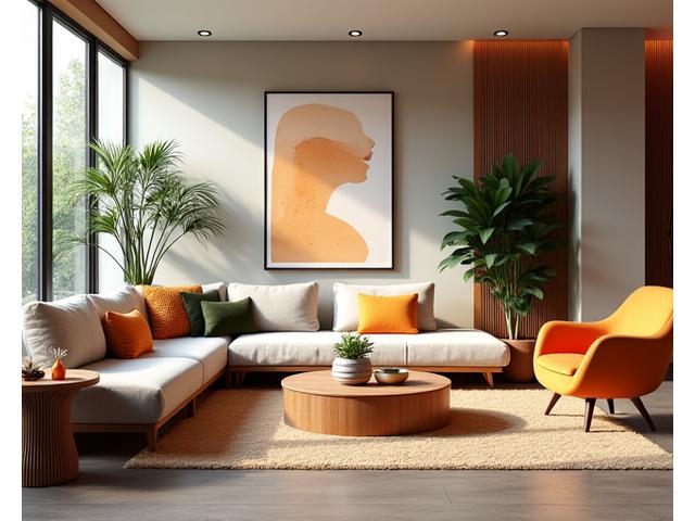 An elegantly designed interior space (living room) rendered in 3D, accessible via VR for immersive experience.