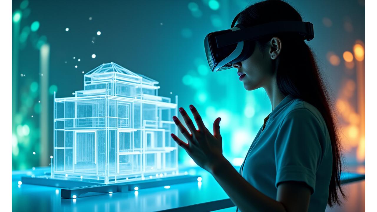 Filipino designer wearing a VR headset, interacting with a detailed architectural 3D model in a vibrant virtual environment.