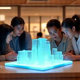 Small group of Filipino students collaborating with an instructor around a table with a holographic 3D model.