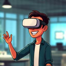A friendly Filipino instructor with a VR headset, gesturing towards a screen displaying 3D models.