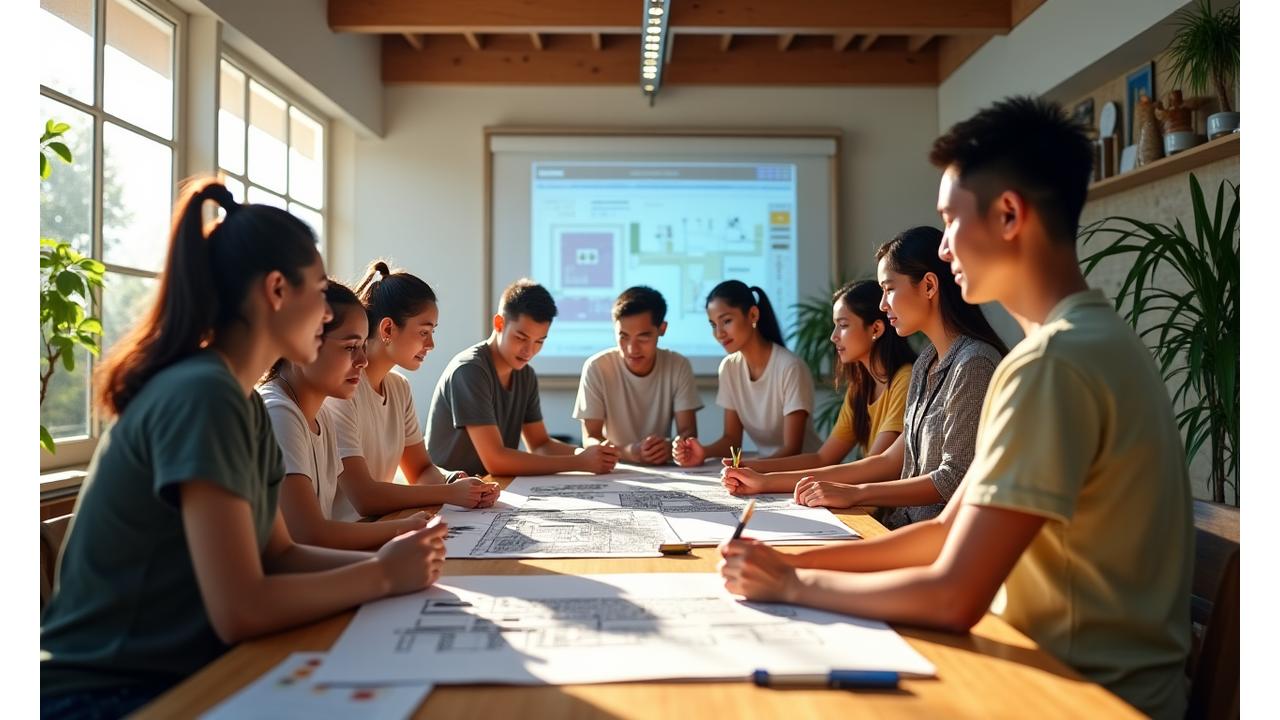 A diverse group of Filipino students and mentors collaborating in a modern, sunlit design studio, showcasing Marahuyo Designs' commitment to educational innovation and community.