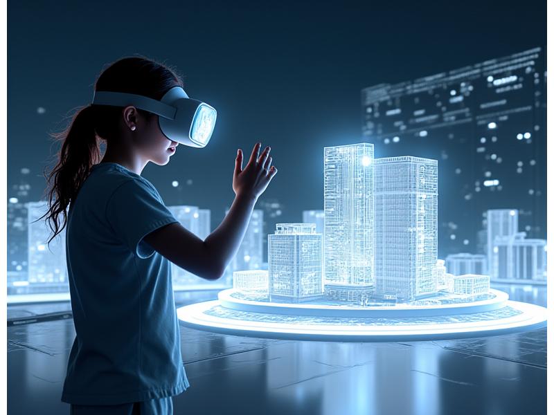 Isang futuristic na 3D render ng isang mag-aaral na nagsusuot ng VR headset, nakikipag-ugnayan sa isang virtual na modelo ng gusali ng Pilipino na nagtatampok ng modernong disenyo at tradisyonal na mga elemento, sumisimbolo sa teknolohiyang pinagana na pag-aaral.
