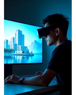 Larawan ni Francis Dela Cruz, 3D Artist, nakatuon sa isang screen na nagpapakita ng 3D render.