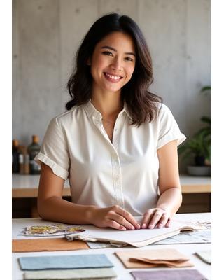 Larawan ni IDr. Maricel Cruz, isang instruktor, nag-aayos ng fabric swatches.