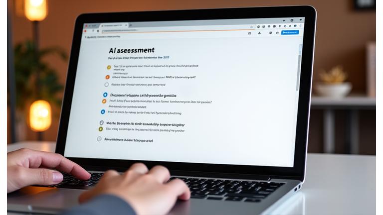 A user-friendly interface for an AI assessment, with a progress bar and engaging prompts, set against a modern learning environment