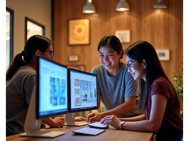 Diverse group of Filipino design students collaborating on a project, with digital interfaces showing AI insights adapted to local context in the background
