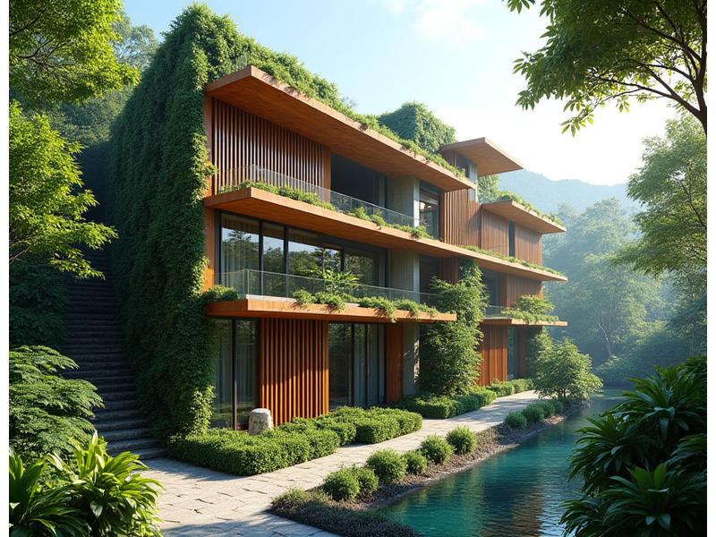Modern, sustainable building in a lush tropical setting in the Philippines, showcasing green walls, natural ventilation through louvers, and solar panels on the roof. Bright daylight.