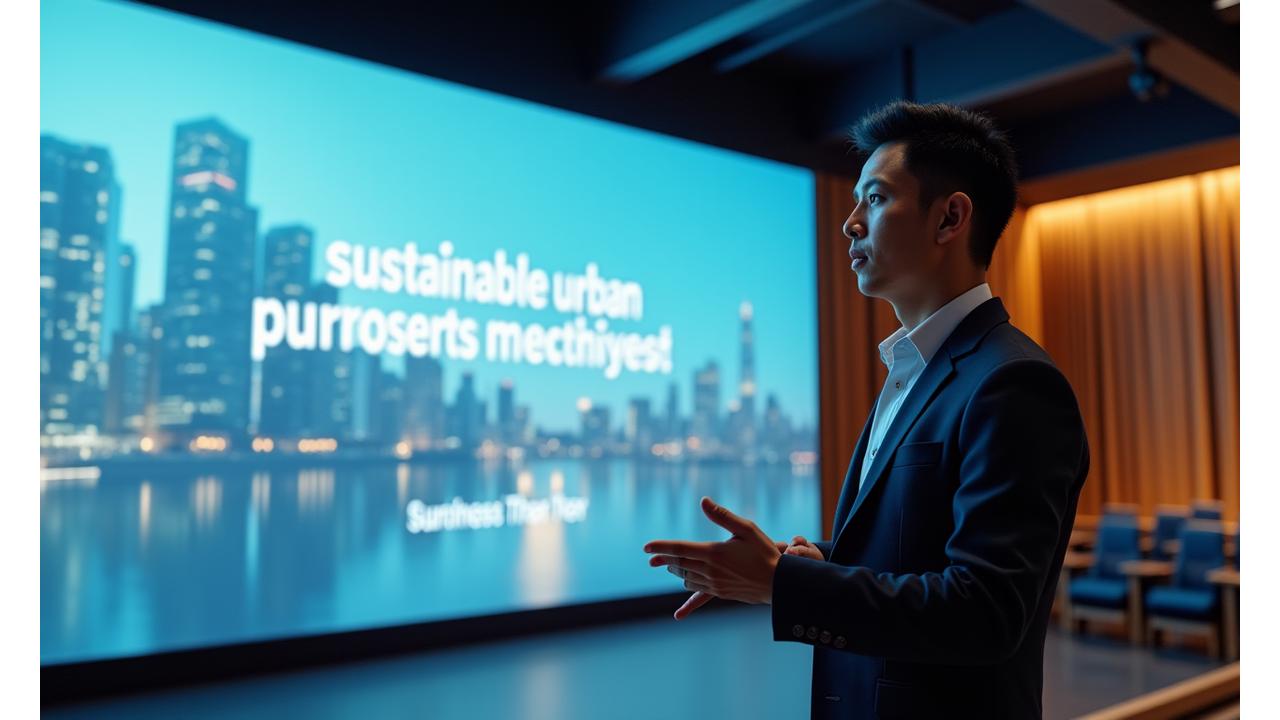 Filipino architect presenting on sustainable urban design, with a modern, dynamic presentation graphic on a large screen behind them.