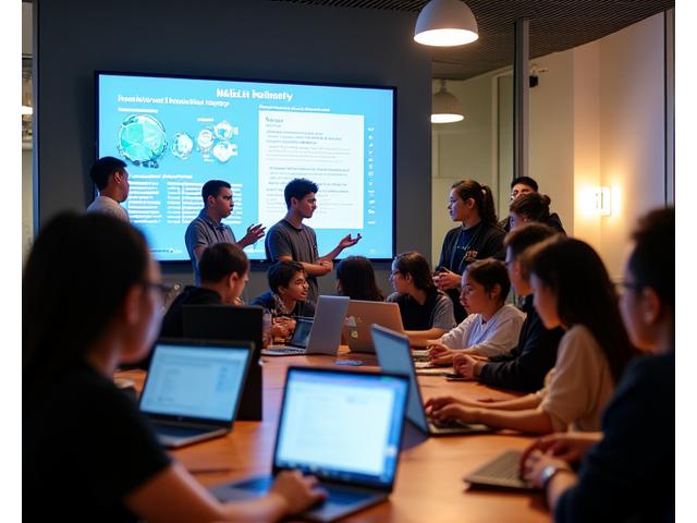 Diverse group of Filipino students collaborating on a design project in a modern, brightly lit co-working space, with digital community interfaces visible on screens.