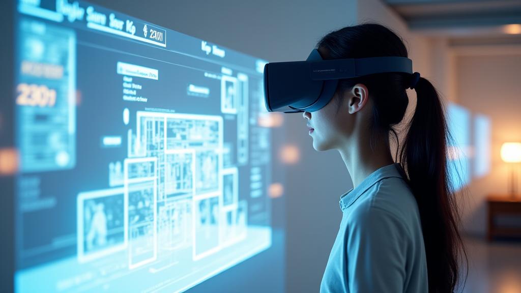 Person using a VR headset to design a virtual architectural space, with futuristic UI elements floating around, symbolizing immersive learning technology.