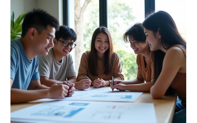 Filipino students collaborating and discussing design projects in a modern co-working space.