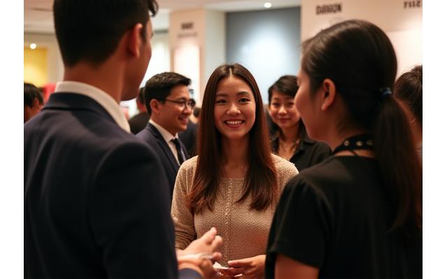 Professional networking event with Filipino designers exchanging business cards and discussing at a modern conference.