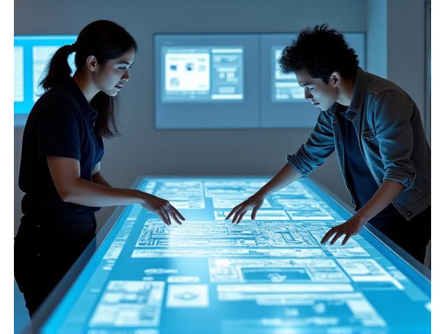 Students collaborating on a 3D architectural model using a real-time online tool on multiple screens.