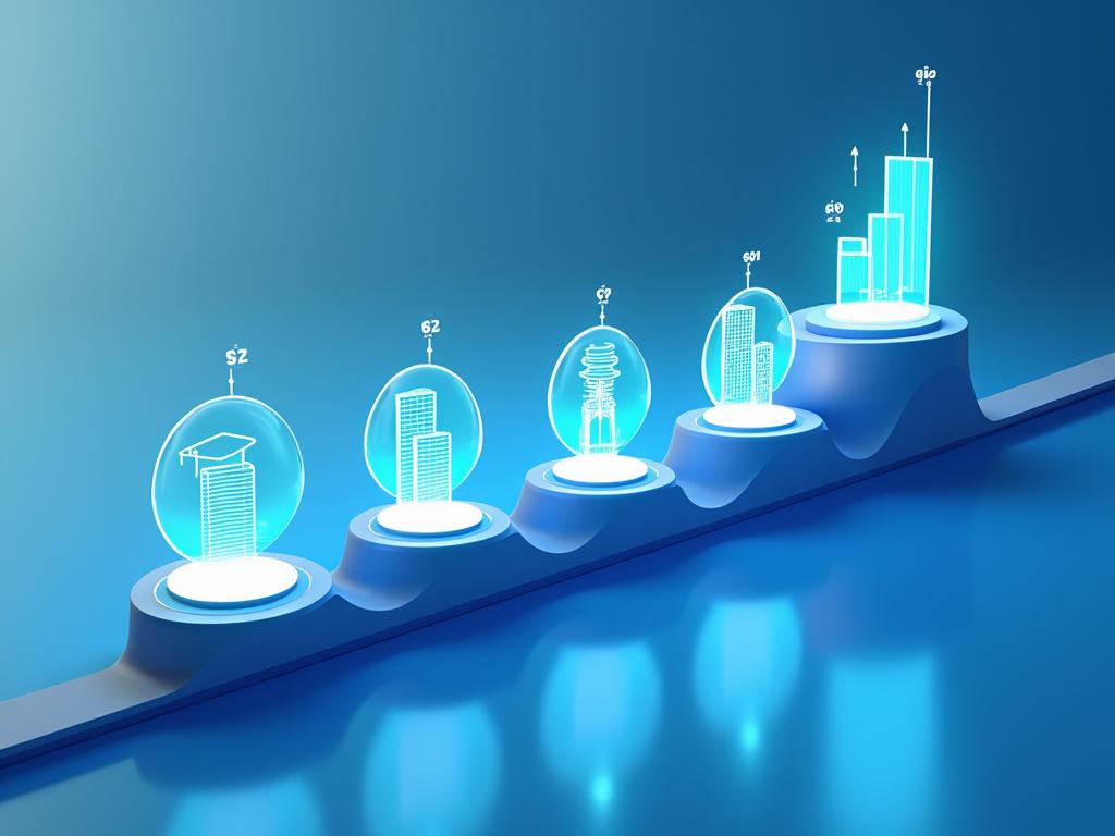 An interactive timeline graphic illustrating career progression steps from student to senior professional, highlighted with design icons and growth metrics.