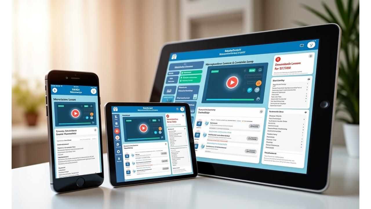 Several smartphones and tablets displaying the clean, intuitive Marahuyo Designs mobile app interface with an active microlearning lesson, demonstrating touch-friendly navigation and offline mode.