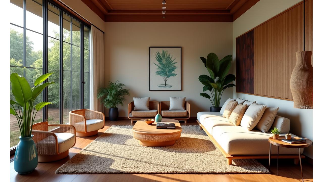Beautiful modern Filipino interior design using indigenous materials like bamboo and rattan, with abundant natural light and traditional patterns.