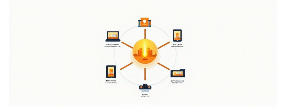 Illustration of various devices like laptops, tablets, and VR headsets symbolizing flexible access to virtual tours.