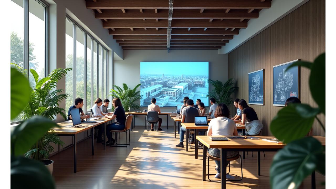 Immersive 360-degree virtual tour preview of a modern Filipino architectural studio, showing designers collaborating on a large drafting table with natural light and tropical plants.