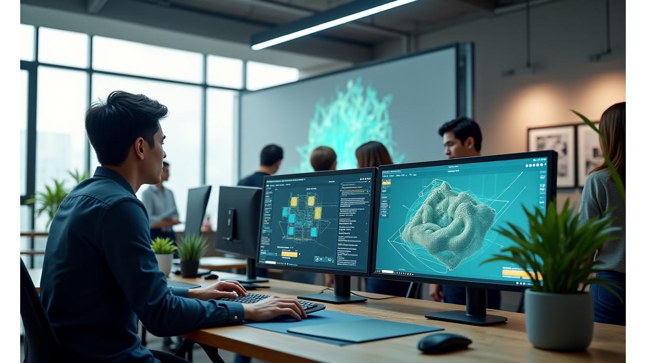 Interactive 3D rendering of a modern design studio workspace with highlighted zones, showing a designer collaborating on a screen.