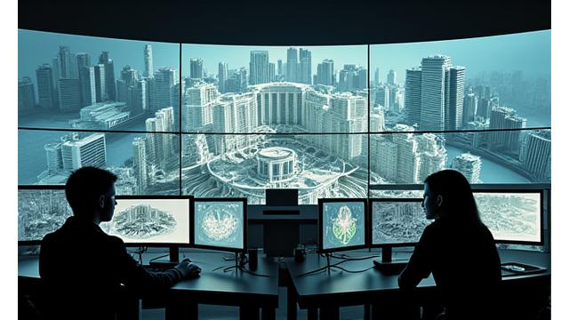 Detailed 3D architectural model displayed on multiple computer screens in a studio setting, with designers working in the background.