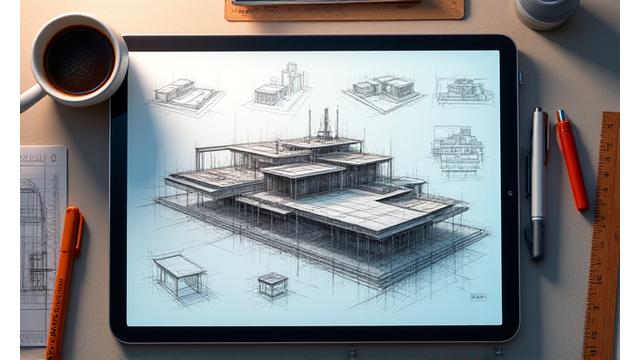 Hand-drawn architectural concept sketches on tracing paper, laid over a tablet displaying a 3D model.