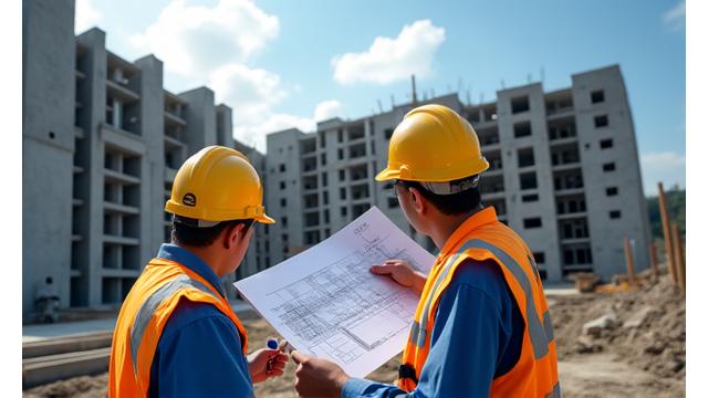 Architect visiting a construction site of a modern building, reviewing blueprints with a foreman, showing active building progress.