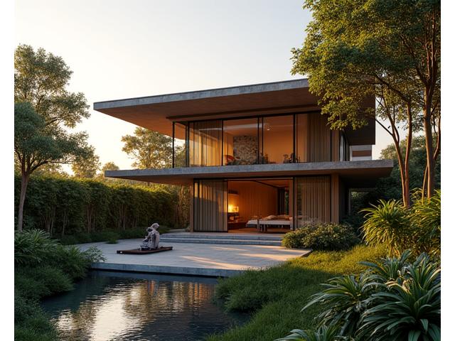 Exterior shot of a minimalist modern residential studio, warm evening light, reflecting a lush garden.